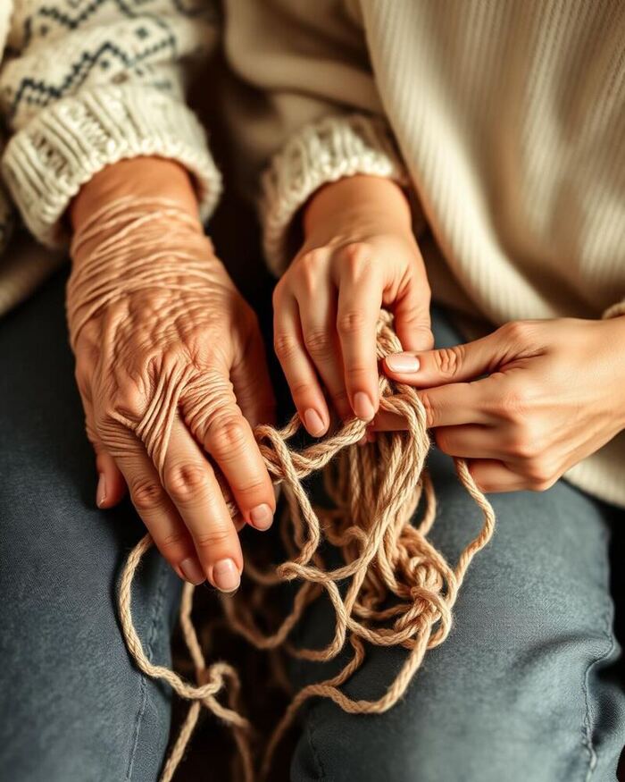 Mains de grand-mère et mains jeunes tenant des pelotes de laine