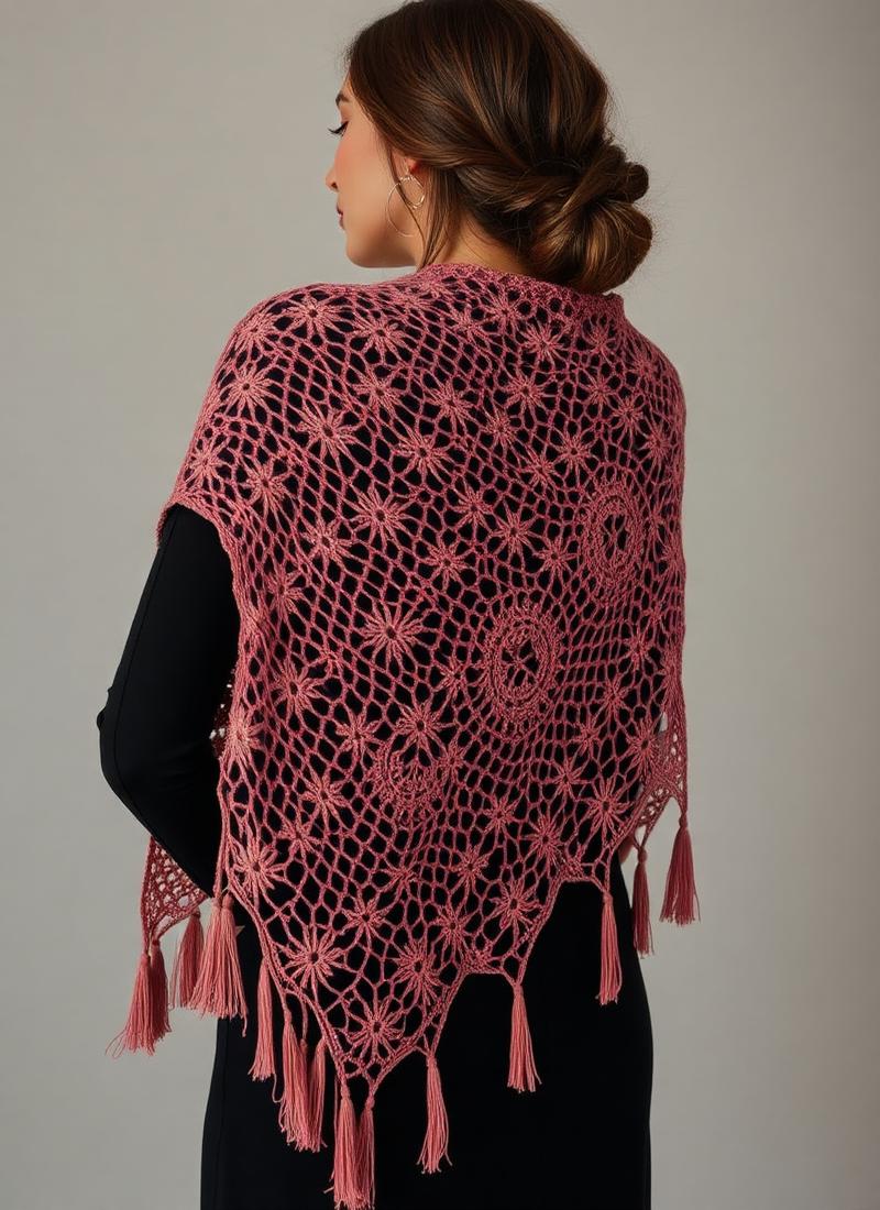 Châle au crochet rose porté